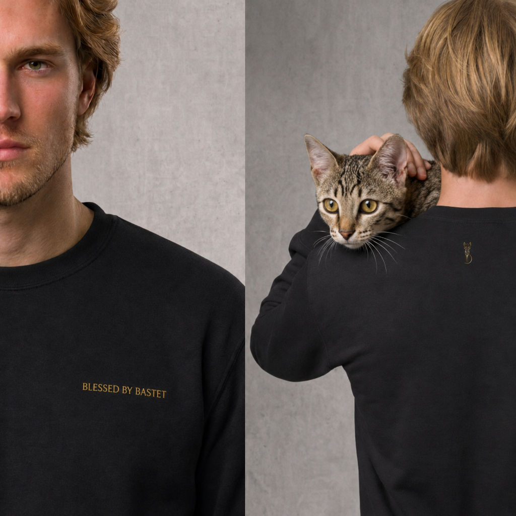 Ancient-inspired gold cat motif on a black sweatshirt
