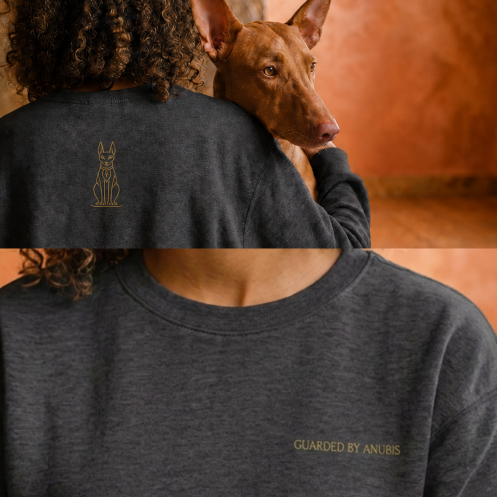 Ancient-inspired gold horse motif on a charcoal sweatshirt