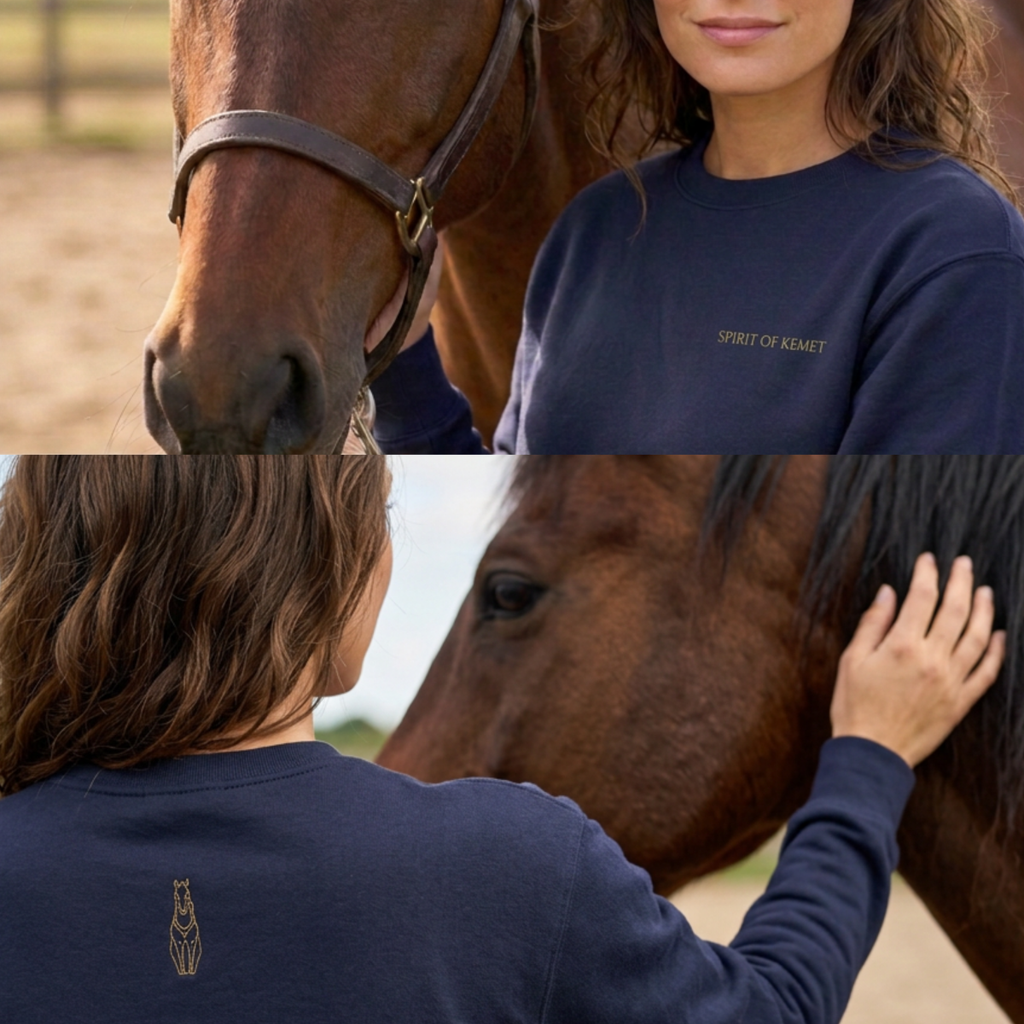 Minimal gold horse motif on a navy sweatshirt worn beside a horse