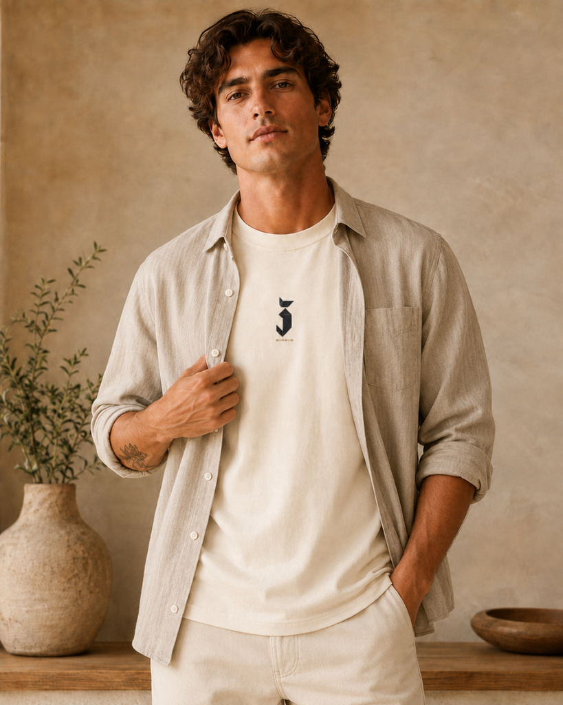 Minimal tangram cat design on an ivory T-shirt with overshirt styling
