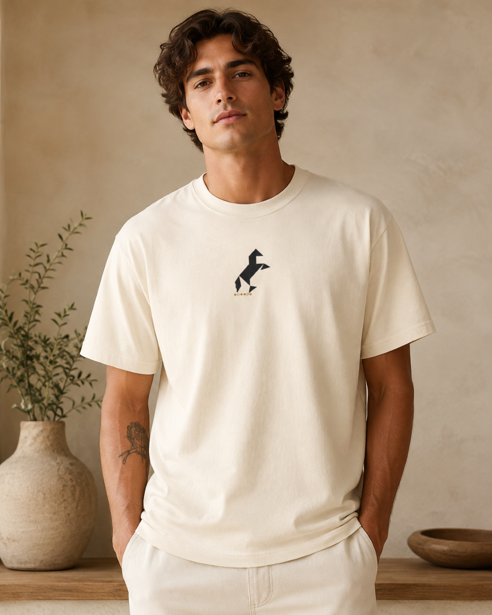 Minimal tangram animal graphic on an ivory T-shirt worn by a male model